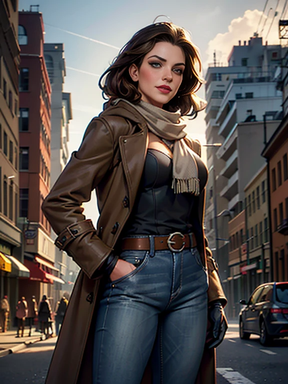 Kat Denningasterpiece:1.0), (Highest_quality:1.2), (Dark Shot:1.3), Classic Rogue, 1991 Rogue X-Men, 1 girl, Only 1, Head to Toe, standing on street corner, Elegant pose, (clothing: Brown winter coat, Brown color hood, Down lining, White scarf, gloves, jeans) Medium length hair, Brown Hair, Wavy Hair, One gray hair, Green Eyes, Mischievous look, Grin, Lips parted,  Red lipstick, Heavy makeup, Confident expression, Backlight, (realism: 1.5), (Realistic: 1.4), (Disorganized:1.4), 8k, Very detailed, Detailed beautiful woman,  (background: Midnight, it&#39;s snowing, On the streets of New York, Snowy Night), Official Art, Very detailed CG Unity 8k wallpaper, Perfect lighting, colorful, 超High resolution, photograph, 8k, High resolution, Kodak Portrait 400, Film Grain, blurry background, (Bokeh:1.2), (Vibrant_color:1.2), Film Grain:1.2, (Warm colors, Warm Tones:1.2), (color photo), Professional Photograph