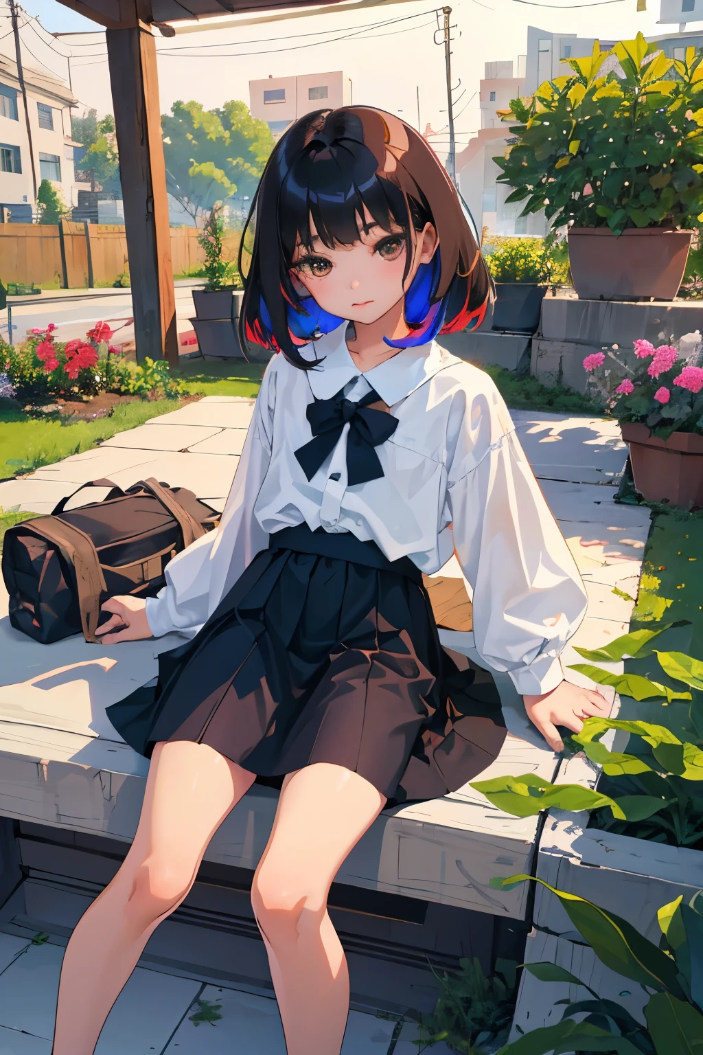 (),highest quality,Beautiful face in every detail,cute,Dark brown eyes,(背の低いcute女の子,Smallg student,Yoicate girl),(masterpiece,Top quality),Black Hair,Sleepy expression,Short sleeve white shirt,Colorful checked skirt,garden
