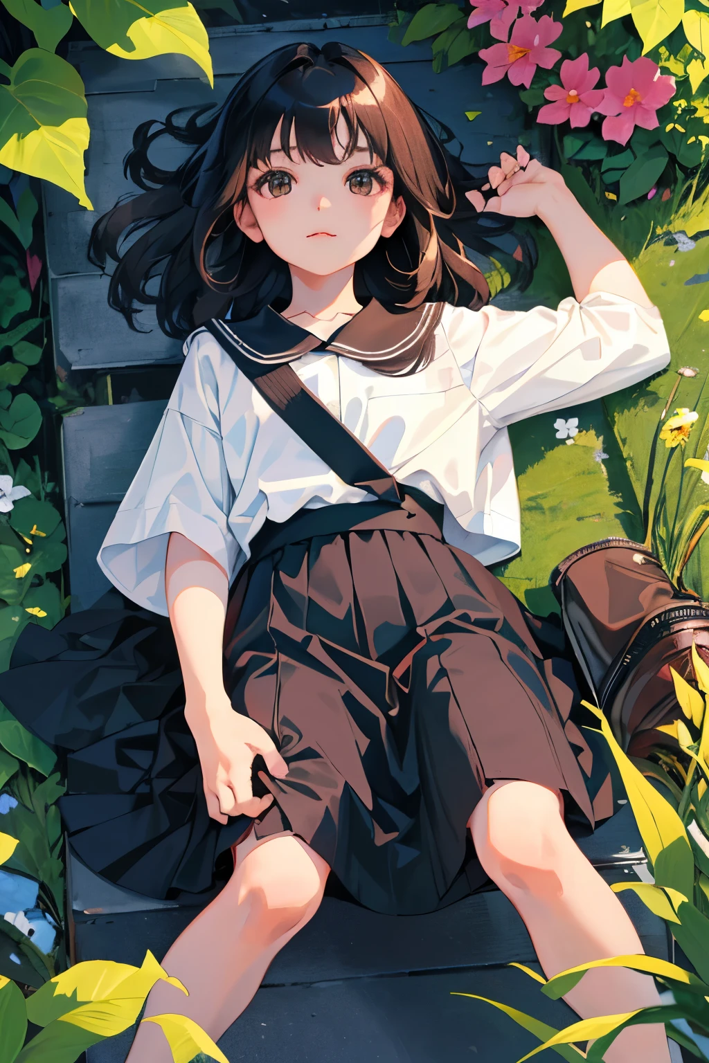 (child),highest quality,Beautiful face in every detail,cute,Dark brown eyes,(背の低いcute女の子,Small young student,Young delicate girl),(masterpiece,Top quality),Black Hair,Sleepy expression,Short sleeve white shirt,Colorful checked skirt,garden