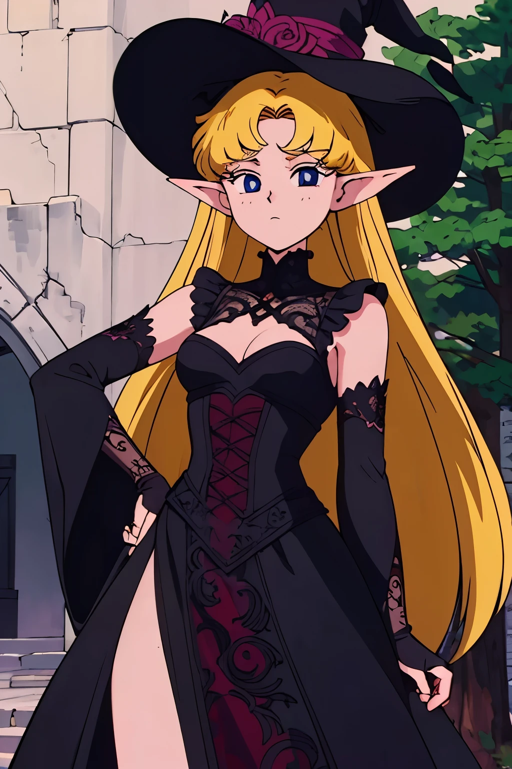 (masterpiece, best quality), intricate details, 8k, sharp focus, (best quality) (detailed skin:1.3) (intricate details) (8k) (detailed eyes) (anime), elf girl. long blonde hair, long lace black dress, gothic dress, gloves, witch hat, detailed accessories, unique outfit,