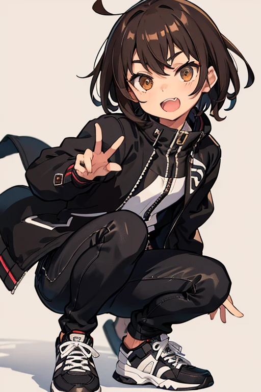 Shota,Wearing a black and white North Face jacket, Black jeans, White and black sneakers, Brown Hair, Brown eyes, Fang teeth, High resolution, masterpiece