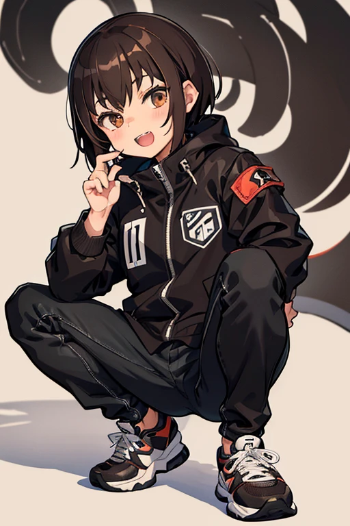 Shota,Wearing a black and white North Face jacket, Black jeans, White and black sneakers, Brown Hair, Brown eyes, Fang teeth, High resolution, masterpiece