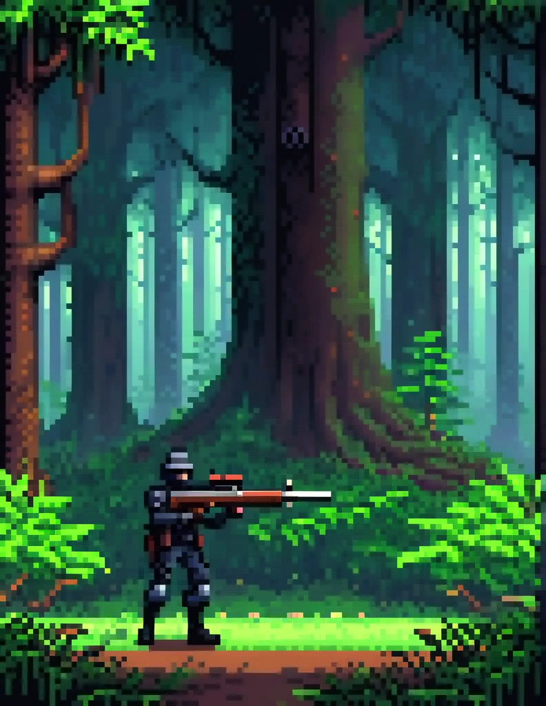 (Pixel art:1.2), a dark soldier holding a giant rifle hiding in the forest