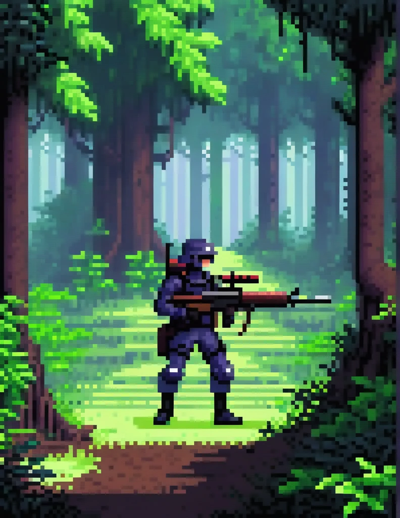 (Pixel art:1.2), a dark soldier holding a giant rifle hiding in the forest