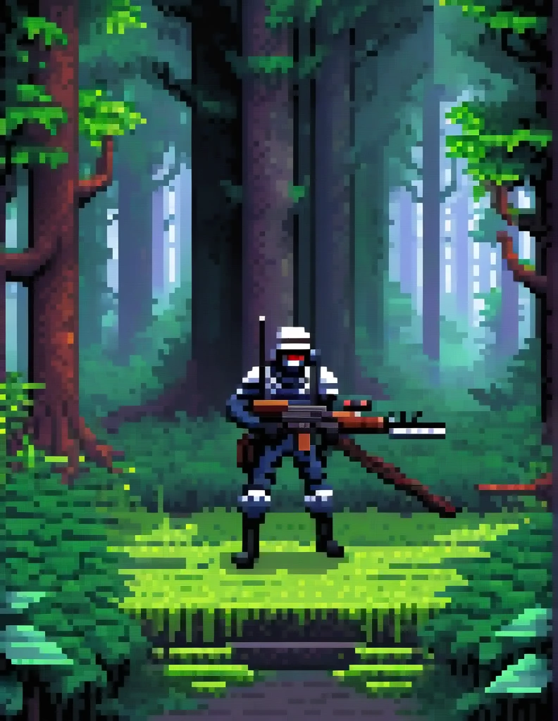 (Pixel art:1.2), a dark soldier holding a giant rifle hiding in the forest