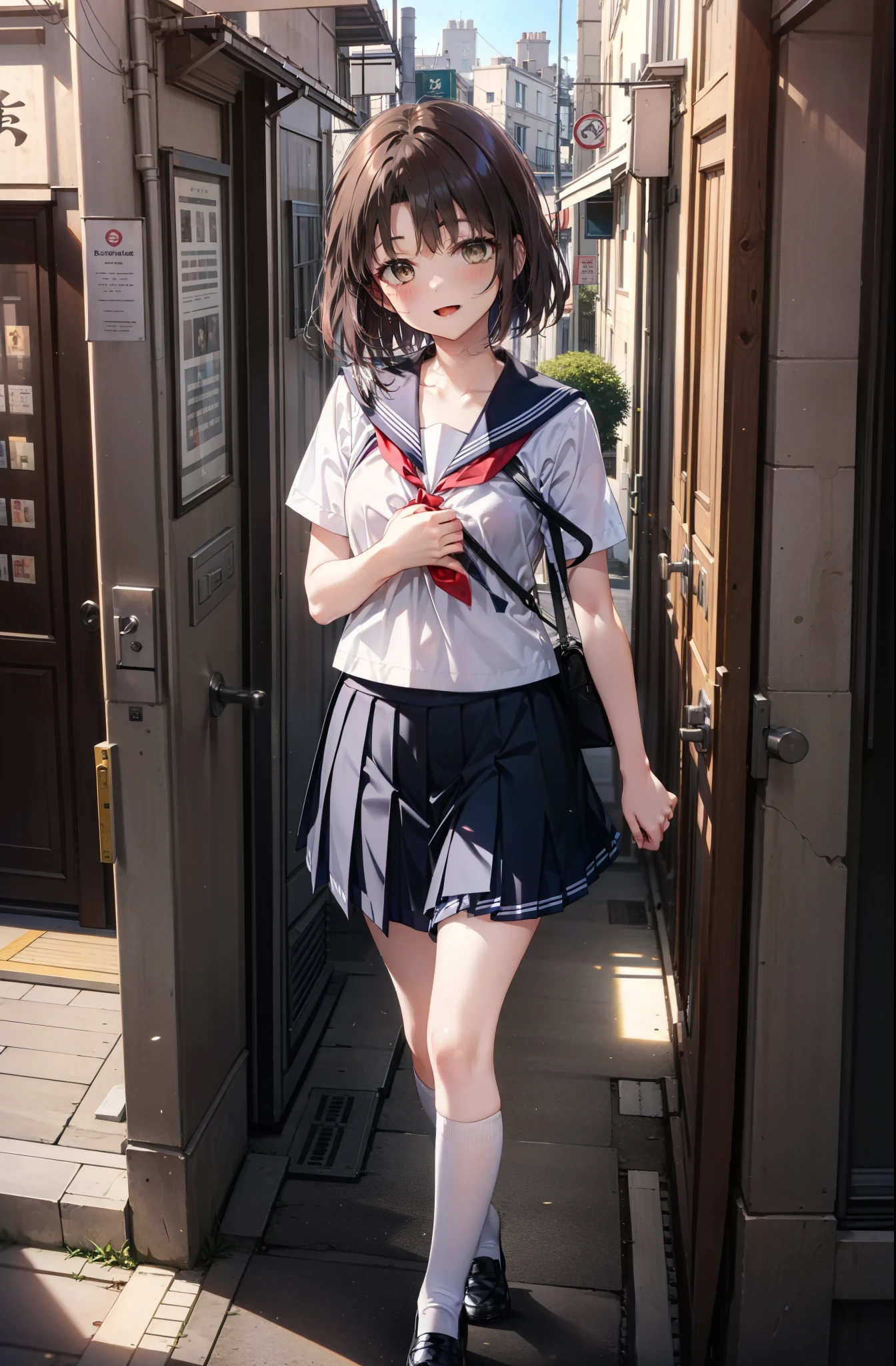 katoumegumi, megumi katou, Brown Hair, short hair, (Brown eyes:1.5),happy smile, smile, Open your mouth,Medium chest,Japanese schoolgirl(Black Sailor Suit),Short sleeve,Black pleated skirt,Black knee socks,Brown Loafers,walk,morning,morning陽,The sun is rising,whole bodyがイラストに入るように,walk,Looking down from above,
break outdoors, city,Area,
break looking at viewer, whole body,
break (masterpiece:1.2), highest quality, High resolution, unity 8k wallpaper, (shape:0.8), (Beautiful details:1.6), Highly detailed face, Perfect lighting, Highly detailed CG, (Perfect hands, Perfect Anatomy),
