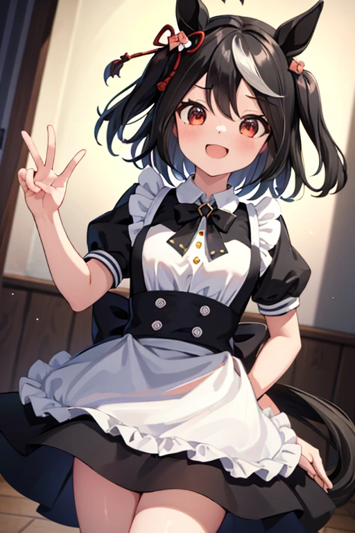 ((masterpiece,highest quality)), Confused, Kitasan_black_umamusume,   Animal ears, short hair, Striped Hair, hair ornaments, Medium chest, Horse tail, Wearing a maid outfit,  alone, Laughing with your mouth open, Looking at the audience, Cowboy Shot,