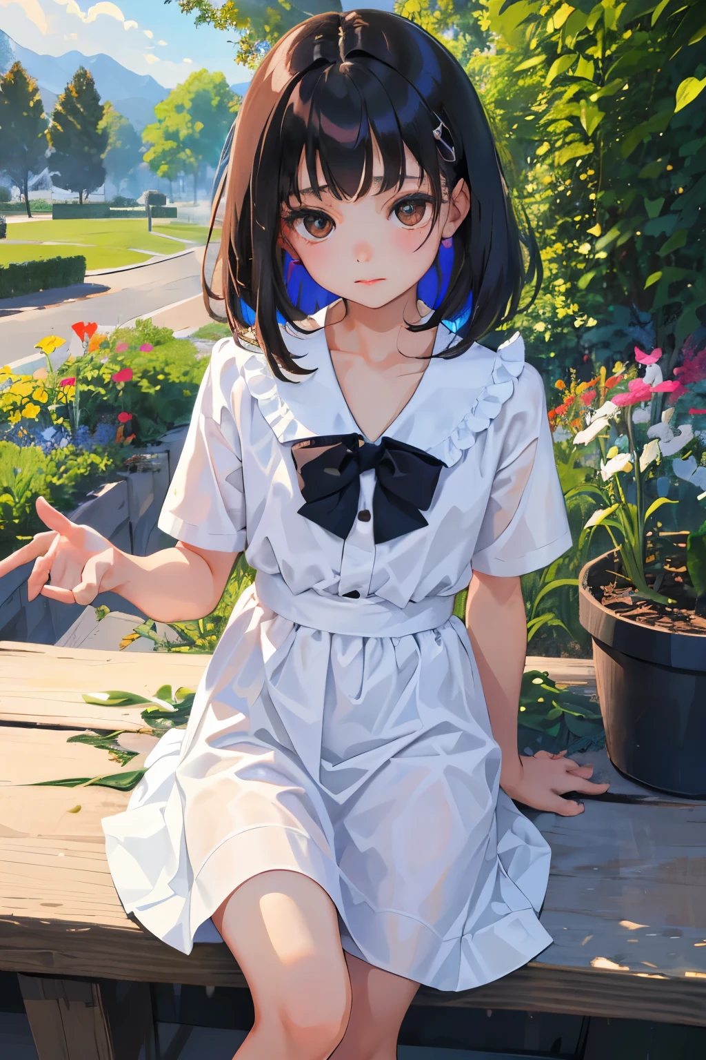 (child),highest quality,Beautiful face in every detail,cute,Dark brown eyes,(背の低いcute女の子,Small young student,Young delicate girl),(masterpiece,Top quality),Black Hair,Sleepy expression,Short sleeve white shirt,Colorful checked skirt,garden