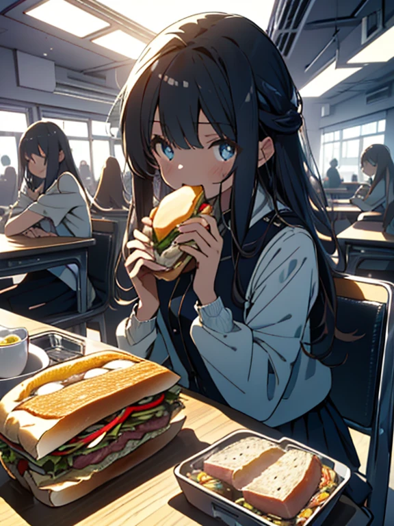 (8k, highest quality, masterpiece, Ultra-high resolution: 1.2),(Shining Eyes、Beautiful face in every detail),classroom,(Two high school girls) ,Friends laugh together、(uniform、mini skirt),(is sitting at a table and eating a hot sandwich)、(Whole body image),peaceful daily life,Fun atmosphere、Beautiful Anime