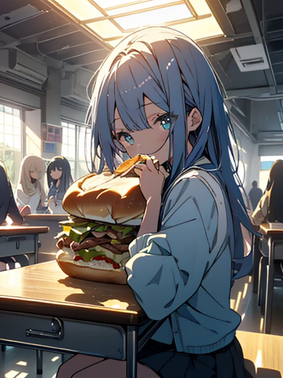 (8k, highest quality, masterpiece, Ultra-high resolution: 1.2),(Shining Eyes、Beautiful face in every detail),classroom,(Two high school girls) ,Friends laugh together、(uniform、mini skirt),(is sitting at a table and eating a hot sandwich)、(Whole body image),peaceful daily life,Fun atmosphere、Beautiful Anime