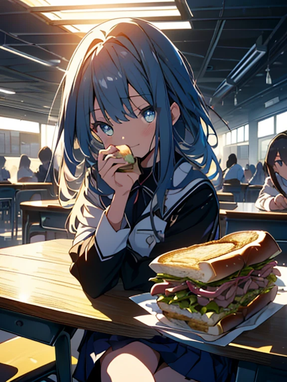 (8k, highest quality, masterpiece, Ultra-high resolution: 1.2),(Shining Eyes、Beautiful face in every detail),classroom,(Two high school girls) ,Friends laugh together、(uniform、mini skirt),(is sitting at a table and eating a hot sandwich)、(Whole body image),peaceful daily life,Fun atmosphere、Beautiful Anime