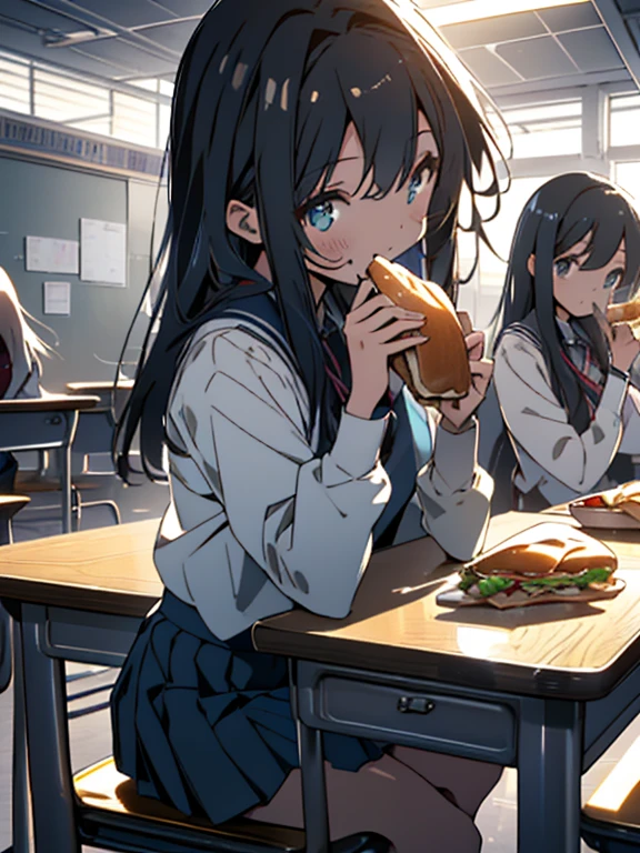 (8k, highest quality, masterpiece, Ultra-high resolution: 1.2),(Shining Eyes、Beautiful face in every detail),classroom,(Two high school girls) ,Friends laugh together、(uniform、mini skirt),(is sitting at a table and eating a hot sandwich)、(Whole body image),peaceful daily life,Fun atmosphere、Beautiful Anime