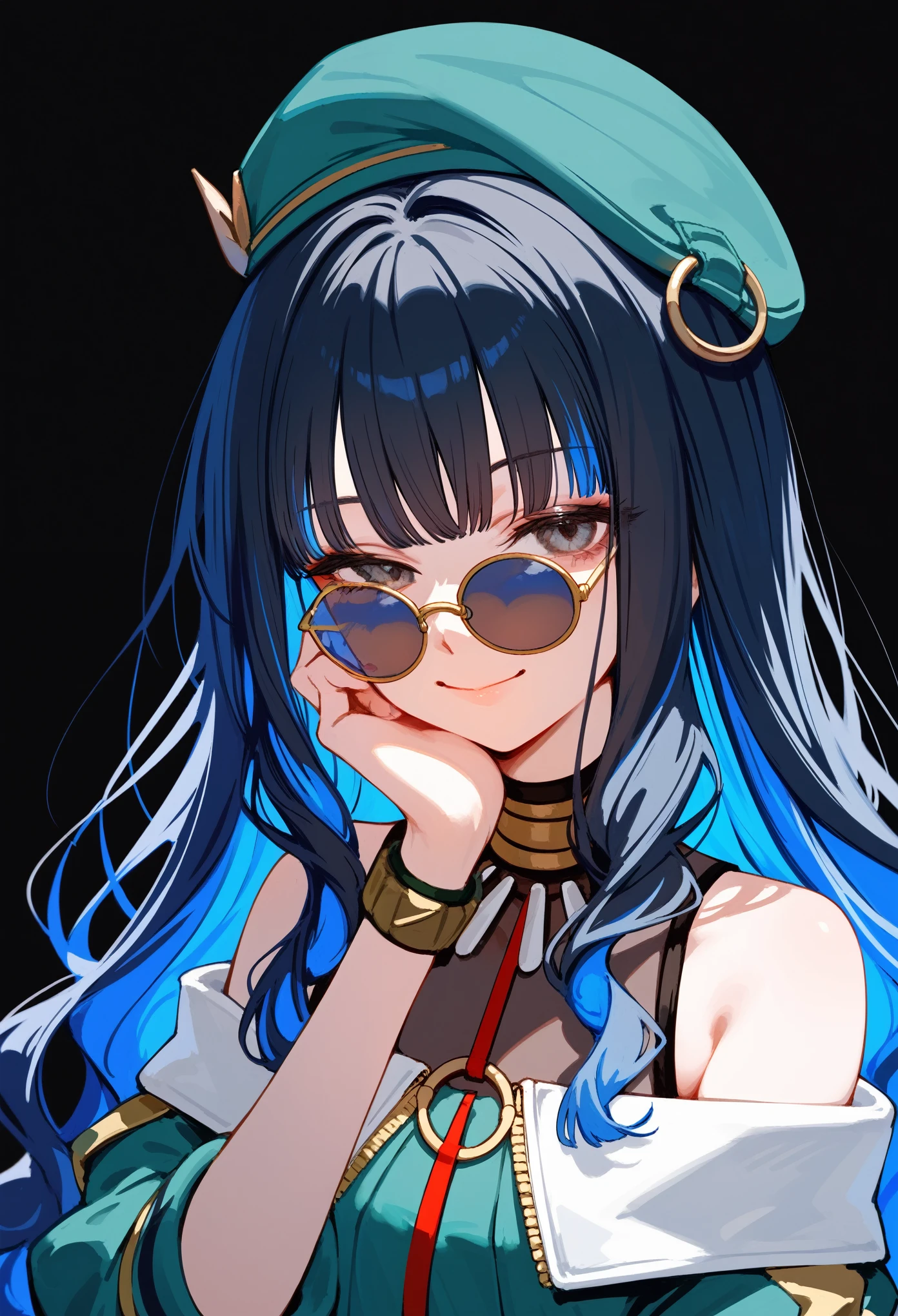 upper body, 1girl, solo, long hair, black hair, colored inner hair, blue hair, wavy hair, eyeliner, makeup, jewelry, beret, o-ring, neck ring, black shorts, buttons, round sunglasses, bracelet, bare shoulders, green jacket, off shoulder, zipper, small smile, narrowed eyes, closed mouth, hand on chin, portrait, black background, simple background, masterpiece, score_9, score_8_up, score_7_up