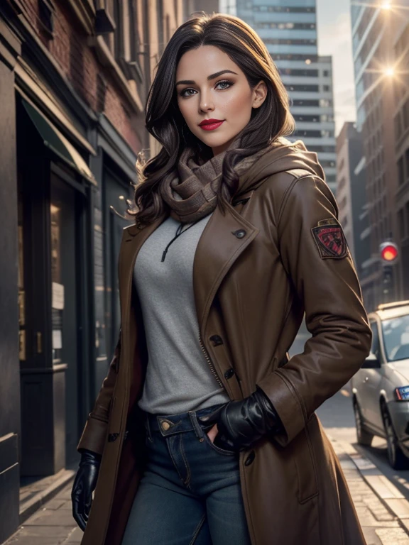 Kat Denningasterpiece:1.0), (Highest_quality:1.2), (Dark Shot:1.3), Classic Rogue, 1991 Rogue X-Men, 1 girl, Only 1, Head to Toe, standing on street corner, Elegant pose, (clothing: Brown winter coat, Brown color hood, Down lining, White scarf, gloves, jeans) Medium length hair, Brown Hair, Wavy Hair, One gray hair, Green Eyes, Mischievous look, Grin, Lips parted, Red lipstick, Heavy makeup, Confident expression, Backlight, (realism: 1.5), (Realistic: 1.4), (Disorganized:1.4), 8k, Very detailed, Detailed beautiful woman, (background: Midnight, it's snowing, On the streets of New York, Snowy Night), Official Art, Very detailed CG Unity 8k wallpaper, Perfect lighting, colorful, 超High resolution, photograph, 8k, High resolution, Kodak Portrait 400, Film Grain, blurry background, (Bokeh:1.2), (Vibrant_color:1.2), Film Grain:1.2, (Warm colors, Warm Tones:1.2), (color photo), Professional Photograph