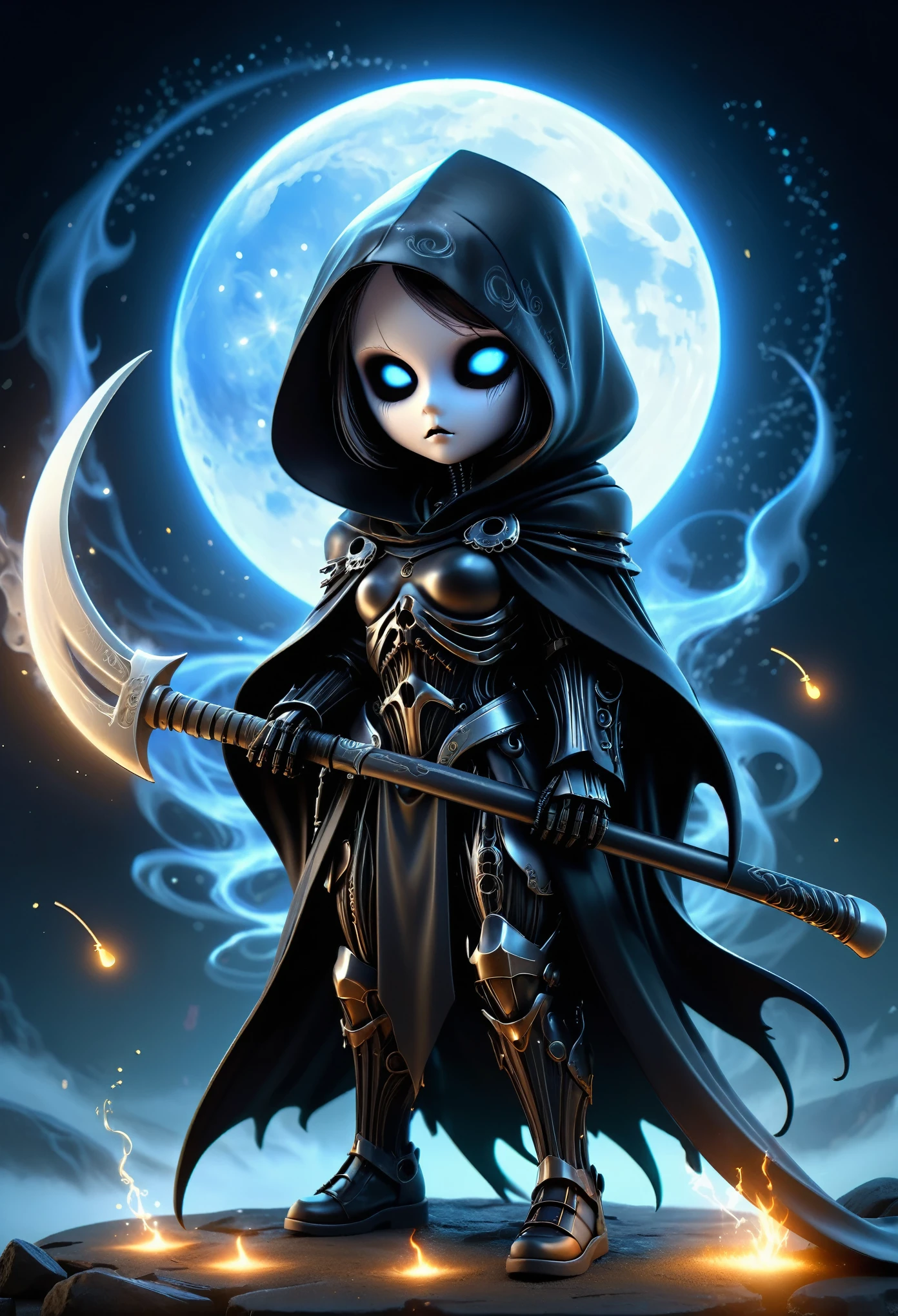 (((Top Quality: 1.4))),(Unparalleled Masterpiece),(Ultra High Definition),(Ultra-Realistic 8k CG), (aesthetic), (hyper detail: 1.2),Black Grim Reaper girl ,chibi,standing, grim reaper,death,god of death,(Action Pose: 1.4), standing in the eerie moonlight, cloaked in tattered black robes, wielding a large scythe, (magic mysterious background, fireflies, glowing particles, ethereal fog, faint darkness),, perfect anatomy,cyborg style,cyborg, hyper-realistic illustration,Draw inspiration from artists like H.R. Giger for a surreal, dark, and otherworldly style



