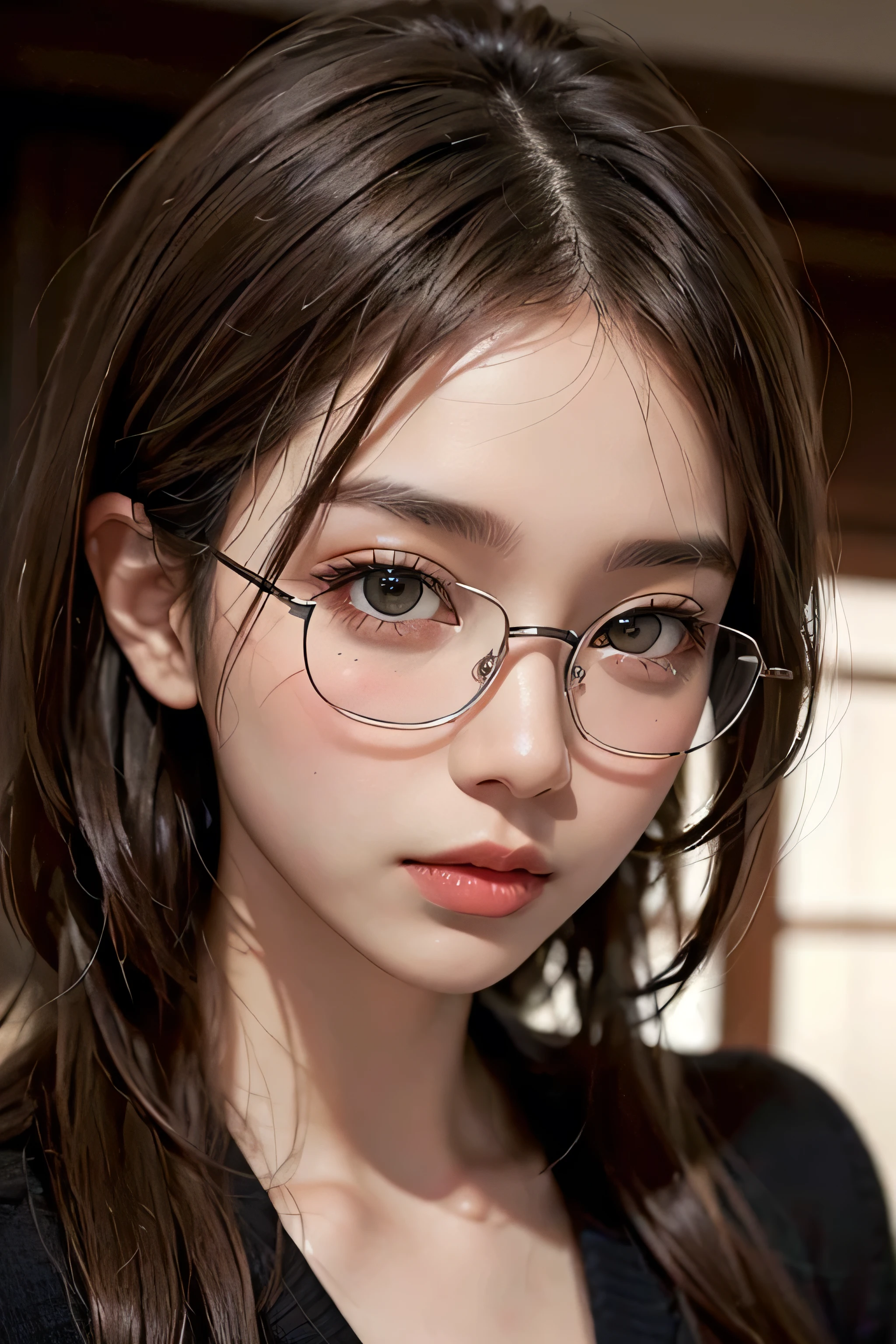 Male Korean boy with French roots of perfect face and handsome, amber eyes and jaw-length wavy brown hair, utiliza gafas redondas para ver mejor
