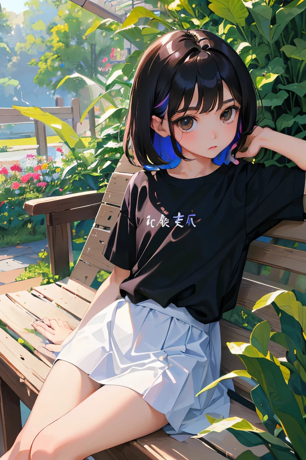 (child)，highest quality，Beautiful face in every detail，cute，Dark brown eyes，(背の低いcute女の子，Small young student，Young delicate girl）,（masterpiece，Top quality)，Black Hair，Sleepy expression，Short sleeve white shirt，Colorful checked skirt，garden