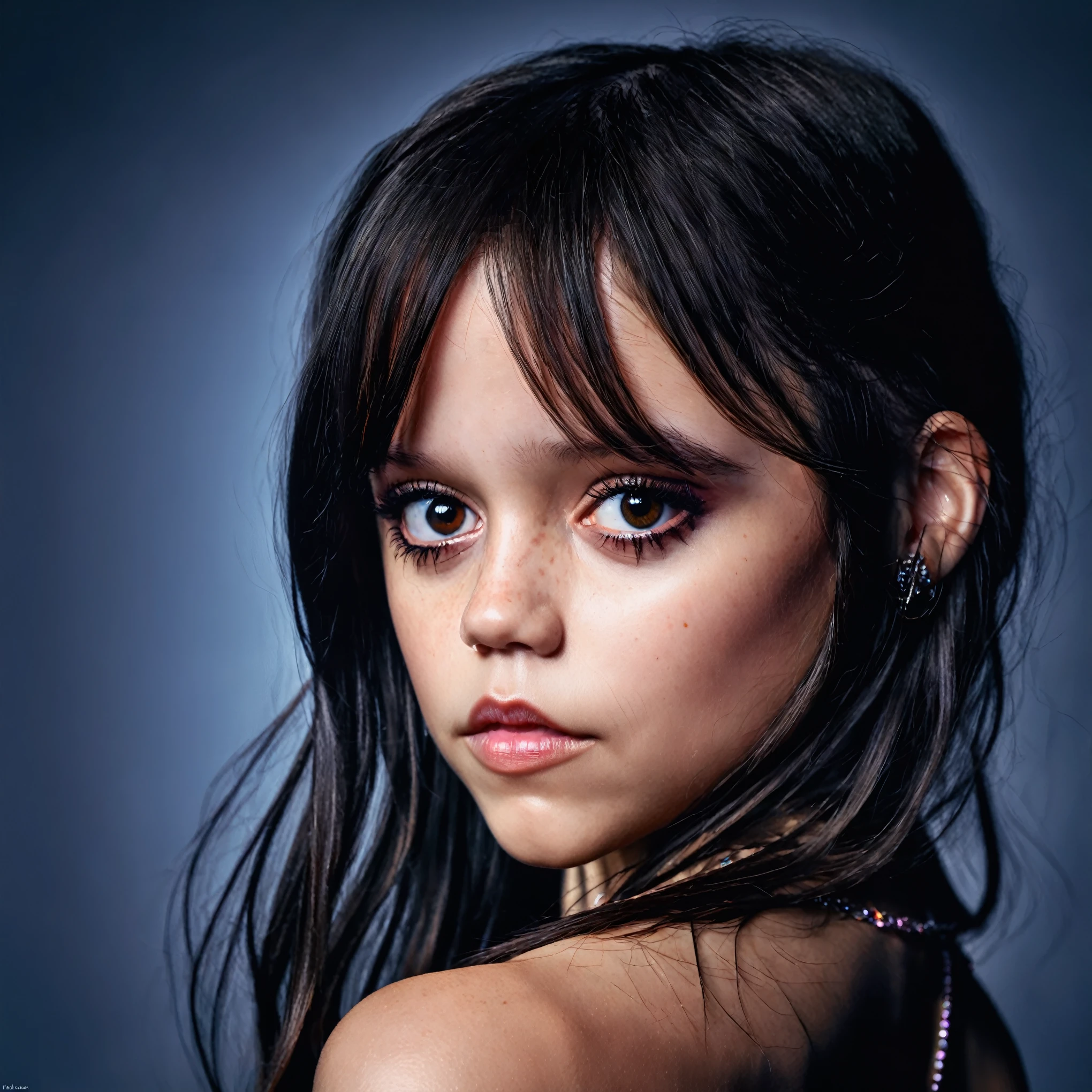 eine Nahaufnahme von Jenna Ortega mit einer Halskette um den Hals, ihr Gesicht sieht aus wie eine Orchidee, dafne keen, sieht aus wie Christina Ricci, Isabela Moner, digital art. @Abonnieren, hyper-realistic beautiful face, Very pretty face, Hyperrealistische Gesichter, hyperrealistisches Farbfoto, Beautiful and realistic faces, Beautiful and realistic face