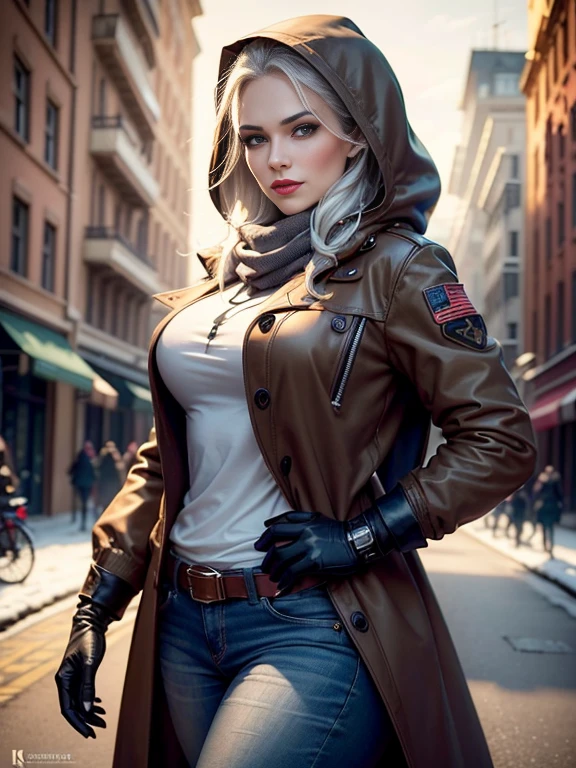 Kat Denningasterpiece:1.0), (Highest_quality:1.2), (Dark Shot:1.3), Classic Rogue, 1991 Rogue X-Men, 1 girl, Only 1, Head to Toe, standing on street corner, Elegant pose, (clothing: Brown winter coat, Brown color hood, Down lining, White scarf, gloves, jeans) Medium length hair, Brown Hair, Wavy Hair, One gray hair, Green Eyes, Mischievous look, Grin, Lips parted, Red lipstick, Heavy makeup, Confident expression, Backlight, (realism: 1.5), (Realistic: 1.4), (Disorganized:1.4), 8k, Very detailed, Detailed beautiful woman, (background: Midnight, it's snowing, On the streets of New York, Snowy Night), Official Art, Very detailed CG Unity 8k wallpaper, Perfect lighting, colorful, 超High resolution, photograph, 8k, High resolution, Kodak Portrait 400, Film Grain, blurry background, (Bokeh:1.2), (Vibrant_color:1.2), Film Grain:1.2, (Warm colors, Warm Tones:1.2), (color photo), Professional Photograph