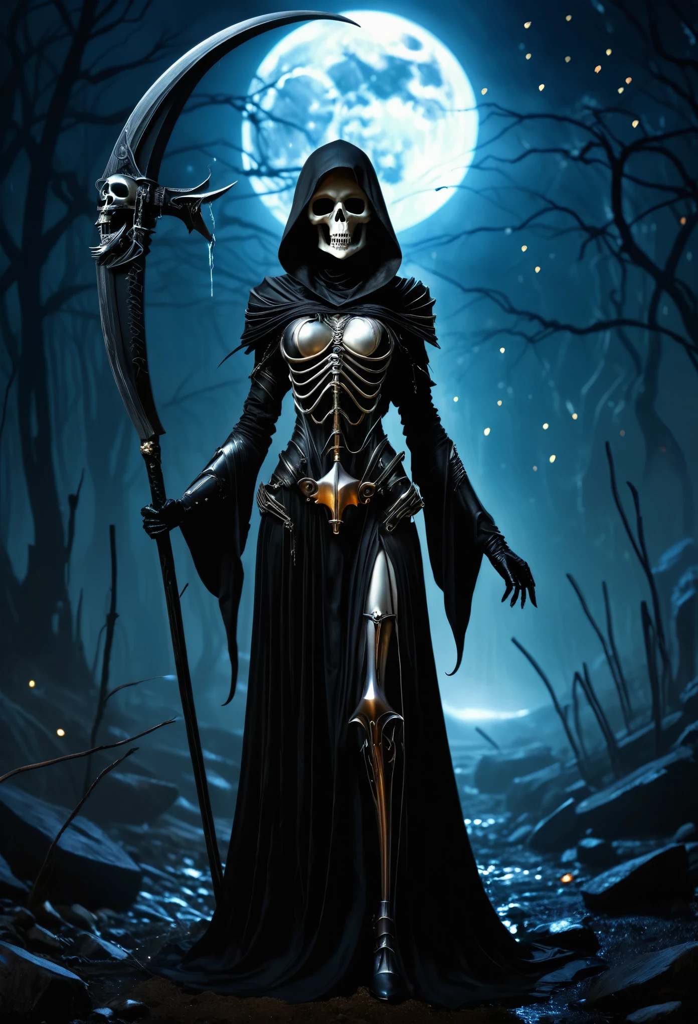 (((Top Quality: 1.4))),(Unparalleled Masterpiece),(Ultra High Definition),(Ultra-Realistic 8k CG), (aesthetic), (hyper detail: 1.2),Black Grim Reaper girl ,chibi,standing, grim reaper,death,god of death,(Action Pose: 1.4), standing in the eerie moonlight,  cloaked in tattered black robes, wielding a large scythe, (magic mysterious background, fireflies, glowing particles, ethereal fog, faint darkness),, perfect anatomy,cyborg style,cyborg, hyper-realistic illustration,Draw inspiration from artists like H.R. Giger for a surreal, dark, and otherworldly style