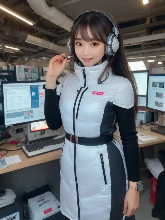 masterpiece, highest quality, Very detailed, 8K Portrait,Japanese Android Girl,plump , Control panel,Robotic arms and legs, Blunt bangs,,break (Metallic Gray, Metallic luster, Mirror finish, Astro Best):5,headphone:5,break (Black sleeves):100,Smart Watches,Futuristic space station,Control Room,break headphone,blue eyes,(Black Hair):2,(Long Hair):1.3,View the viewer,(respirator),break blush:3,Hidden Hand,smile
