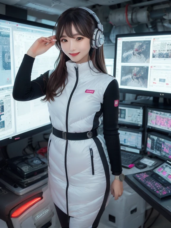 masterpiece, highest quality, Very detailed, 8K Portrait,Japanese Android Girl,plump , Control panel,Robotic arms and legs, Blunt bangs,,break (Metallic Gray, Metallic luster, Mirror finish, Astro Best):5,headphone:5,break (Black sleeves):100,Smart Watches,Futuristic space station,Control Room,break headphone,blue eyes,(Black Hair):2,(Long Hair):1.3,View the viewer,(respirator),break blush:3,Hidden Hand,smile