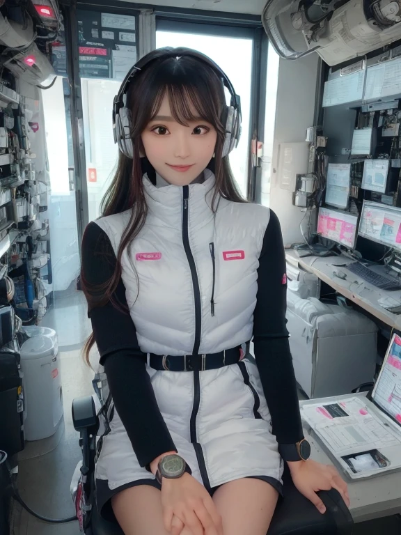 masterpiece, highest quality, Very detailed, 8K Portrait,Japanese Android Girl,plump , Control panel,Robotic arms and legs, Blunt bangs,,break (Metallic Gray, Metallic luster, Mirror finish, Astro Best):5,headphone:5,break (Black sleeves):100,Smart Watches,Futuristic space station,Control Room,break headphone,blue eyes,(Black Hair):2,(Long Hair):1.3,View the viewer,(respirator),break blush:3,Hidden Hand,smile