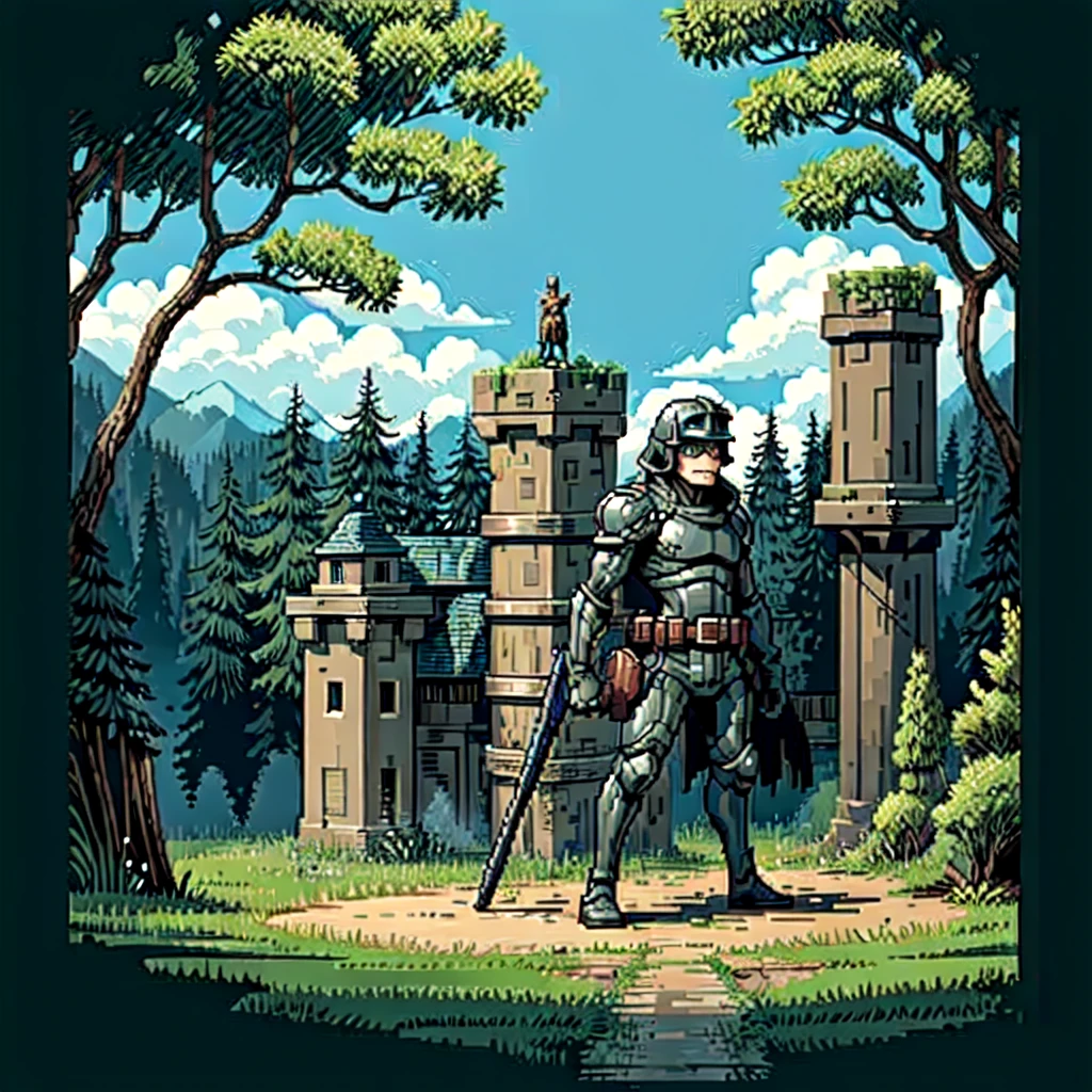 (masterpiece, top quality, best quality), pixel,pixel art,a dark soldier holding a rifle hiding in the forest,full body