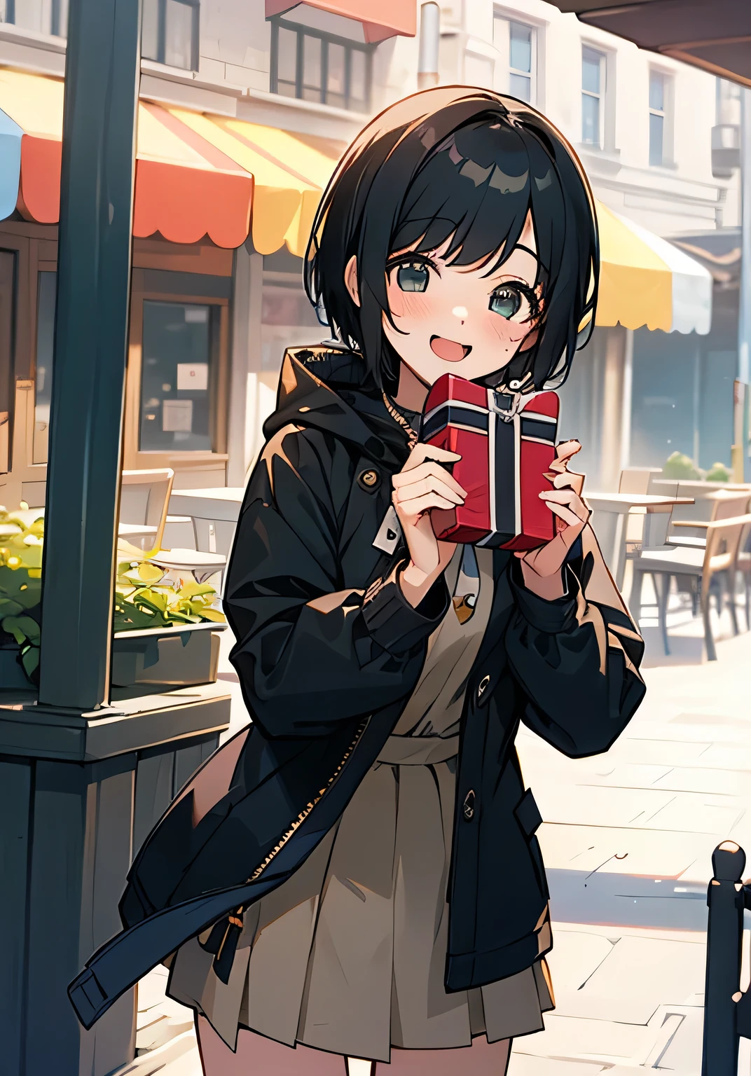 {best quality}、Stylish cafe terrace、smiling at me、Giving gifts、Black short hair、Female college student、Embarrassed、openmouth、smile、parka、short-skirt、cowboy shot