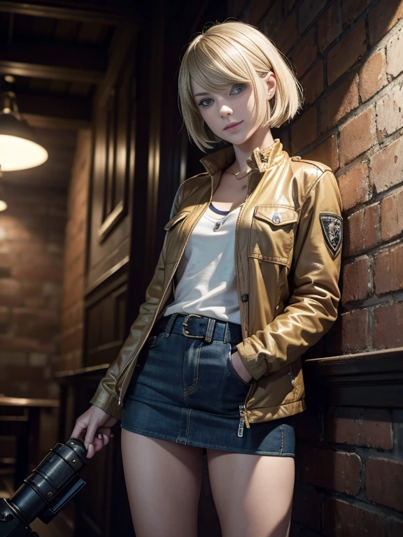 8K,Masterpiece,One woman,Smile,30 years old,blue eyes,Blonde Hair,Short Bob Hair,Ella Freya, a beautiful Dutch YouTuber（Ella Freya),「Resident Evil RE:4」Ashley, the heroine of,Brown jacket,mini skirt