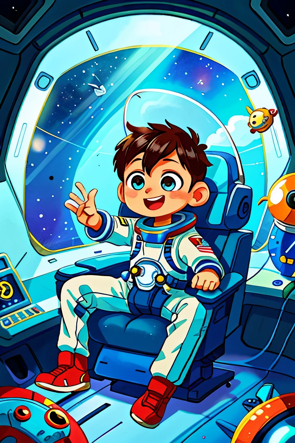 A 6 year old boy, space ship background, wearing astronaut outfit, full body, happy, perfect quality, clear focus, sitting on the chair control panel of an space ship lookim for The sky on The Window, (chibi style) (best quality) (intricate details) (8K) (detailed eyes) (sharp focus), (happy)