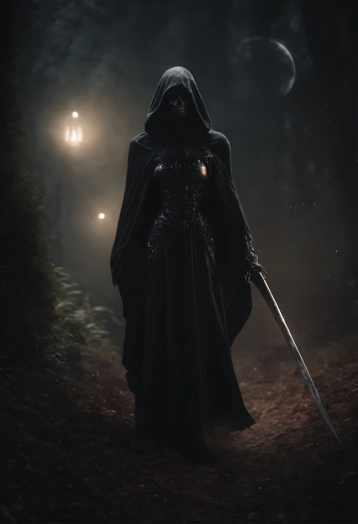 (((Top Quality: 1.4))),(Unparalleled Masterpiece),(Ultra High Definition),(Ultra-Realistic 8k CG), (aesthetic), (hyper detail: 1.2),Black Grim Reaper girl ,chibi,standing, grim reaper,death,god of death,(Action Pose: 1.4), standing in the eerie moonlight, cloaked in tattered black robes, wielding a large scythe, (magic mysterious background, fireflies, glowing particles, ethereal fog, faint darkness),, perfect anatomy,cyborg style,cyborg, hyper-realistic illustration,Draw inspiration from artists like H.R. Giger for a surreal, dark, and otherworldly style