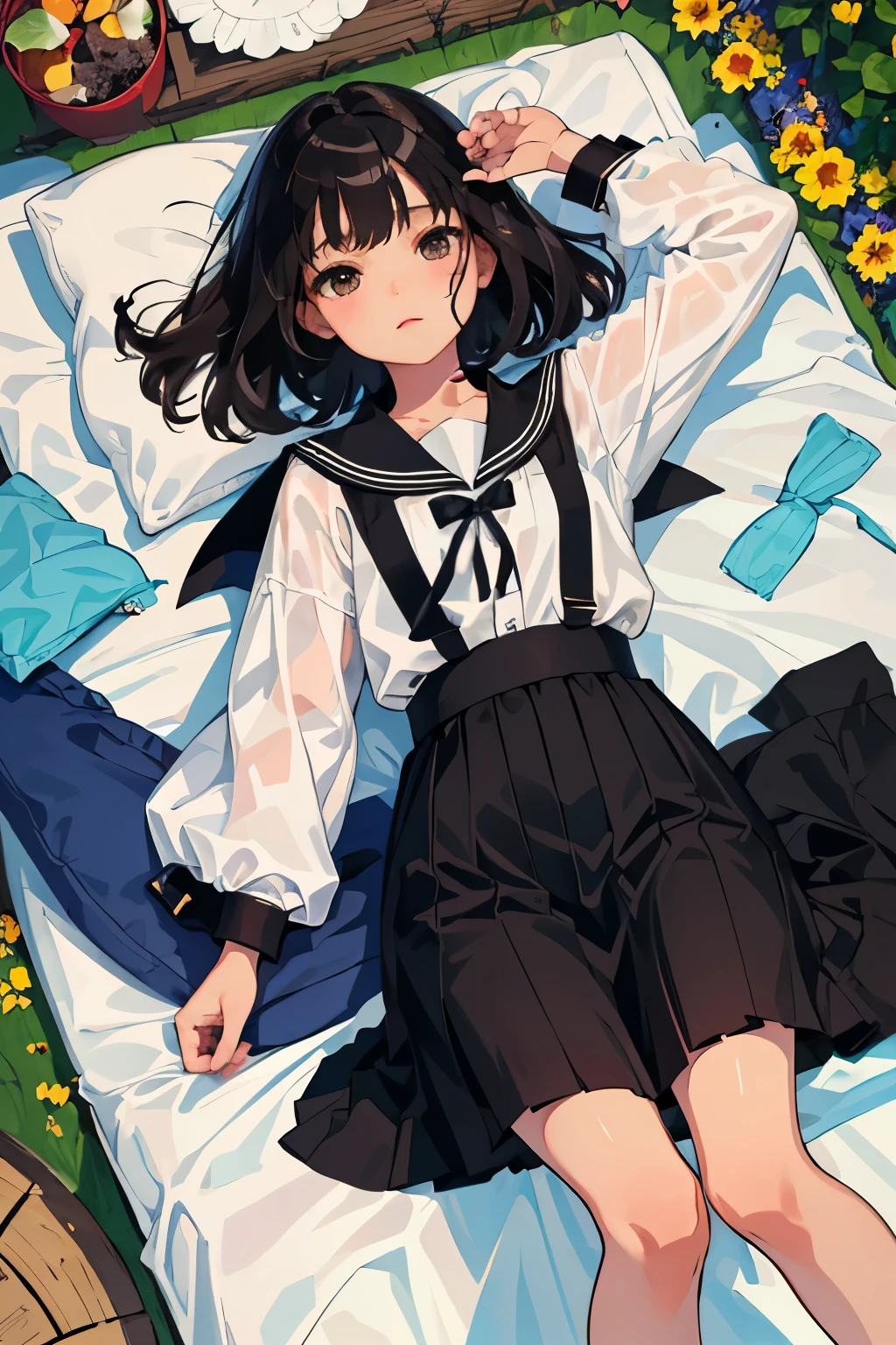 (child),highest quality,Beautiful face in every detail,cute,Dark brown eyes,(背の低いcute女の子,Small young student,Young delicate girl),(masterpiece,Top quality),Black Hair,Sleepy expression,Short sleeve white shirt,Colorful checked skirt,garden