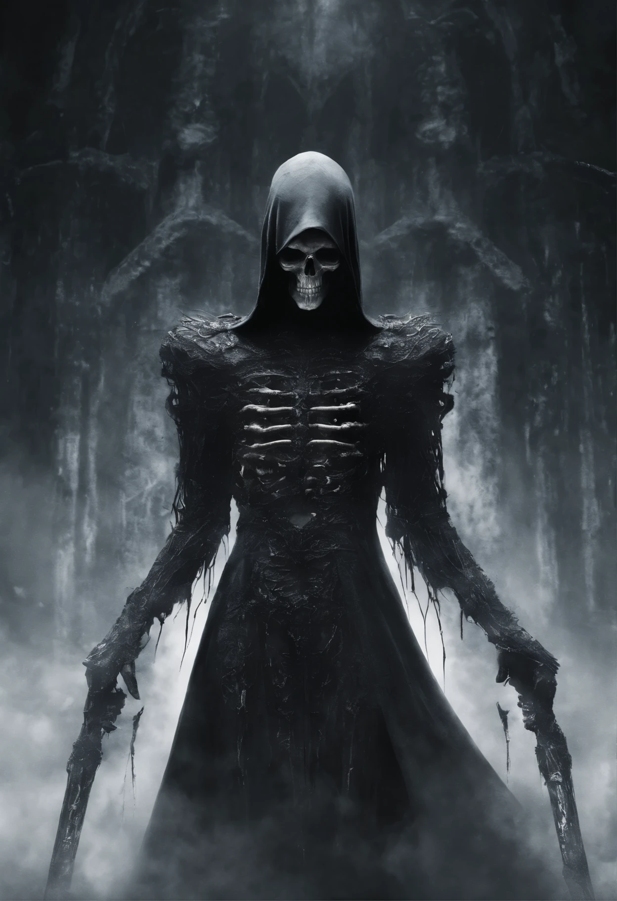 (((Top Quality: 1.4))),(Unparalleled Masterpiece),(Ultra High Definition),(Ultra-Realistic 8k CG), (aesthetic), (hyper detail: 1.2),Black Grim Reaper girl ,chibi,standing, grim reaper,death,god of death,(Action Pose: 1.4), standing in the eerie moonlight, cloaked in tattered black robes, wielding a large scythe, (magic mysterious background, fireflies, glowing particles, ethereal fog, faint darkness),, perfect anatomy,cyborg style,cyborg, hyper-realistic illustration,Draw inspiration from artists like H.R. Giger for a surreal, dark, and otherworldly style