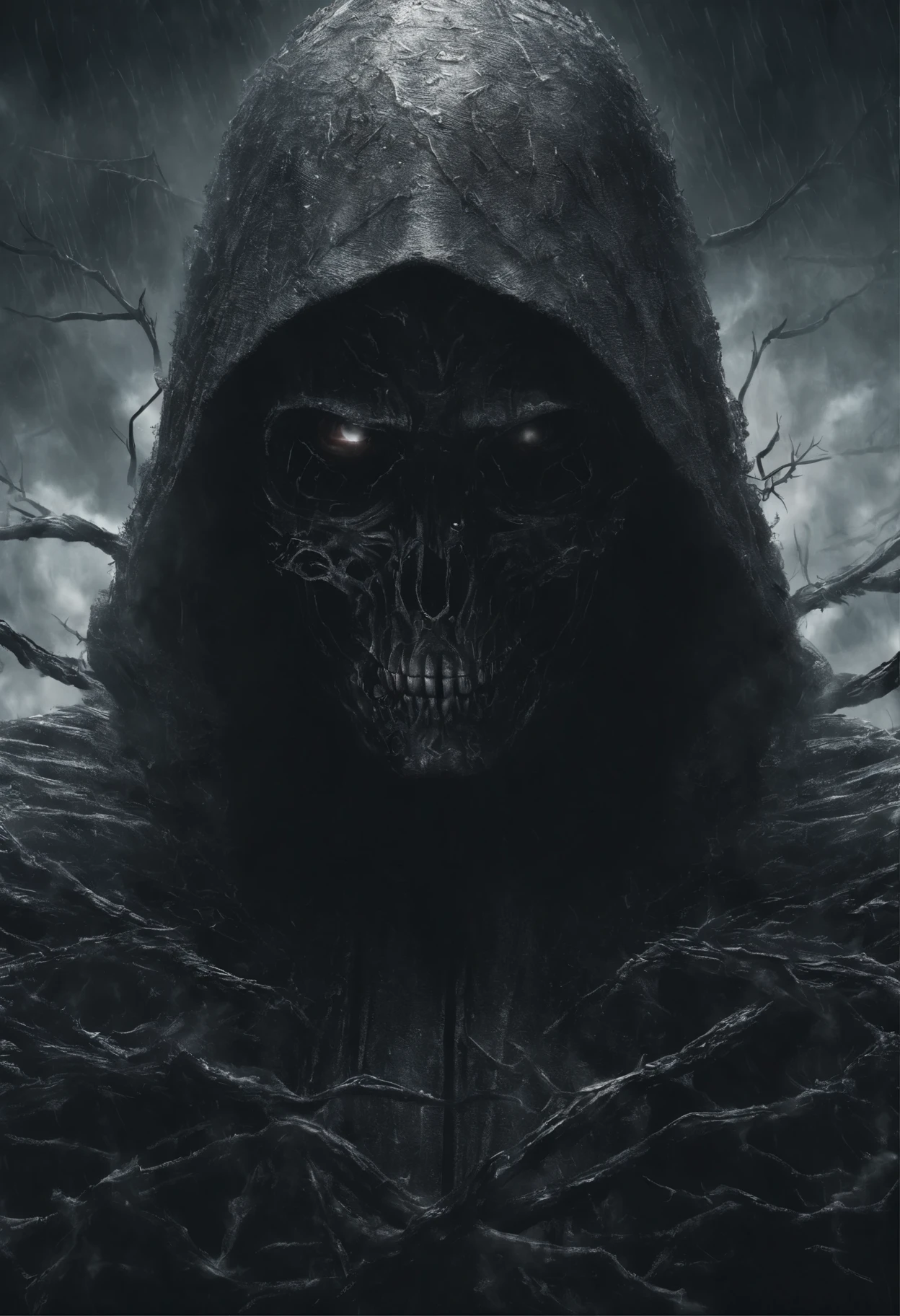 (((Top Quality: 1.4))),(Unparalleled Masterpiece),(Ultra High Definition),(Ultra-Realistic 8k CG), (aesthetic), (hyper detail: 1.2),Black Grim Reaper girl ,chibi,standing, grim reaper,death,god of death,(Action Pose: 1.4), standing in the eerie moonlight,  cloaked in tattered black robes, wielding a large scythe, (magic mysterious background, fireflies, glowing particles, ethereal fog, faint darkness),, perfect anatomy,cyborg style,cyborg, hyper-realistic illustration,Draw inspiration from artists like H.R. Giger for a surreal, dark, and otherworldly style