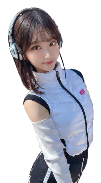 An innocent 20-year-old girl、((White tank top, Dramatic Pose)),smile,break (Spacecraft control room background):2,、break RAW Photos, (8k、highest quality、masterpiece:1.2)、(Intricate details:1.4)、(Realistic:1.4)、Octane Rendering、Complex 3D rendering with ultra-detail, Studio Soft Light, Rim Light, Crisp details, Super detailed, Realistic skin texture, detailed aspects, Beautiful details in the eyes, Highly detailed CG Unity 16k wallpaper, Compensate, (Detailed Background:1.2), Glowing Skin, whole body、(Astro Best):2,(Black long sleeve):5,headphone,Smart Watches,((Stand with your hands folded behind your back、Leaning forward、Top view))