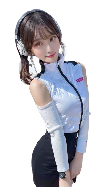 An innocent 20-year-old girl、((White tank top, Dramatic Pose)),smile,break (Spacecraft control room background):2,、break RAW Photos, (8k、highest quality、masterpiece:1.2)、(Intricate details:1.4)、(Realistic:1.4)、Octane Rendering、Complex 3D rendering with ultra-detail, Studio Soft Light, Rim Light, Crisp details, Super detailed, Realistic skin texture, detailed aspects, Beautiful details in the eyes, Highly detailed CG Unity 16k wallpaper, Compensate, (Detailed Background:1.2), Glowing Skin, whole body、(Astro Best):2,(Black long sleeve):5,headphone,Smart Watches,((Stand with your hands folded behind your back、Leaning forward、Top view))