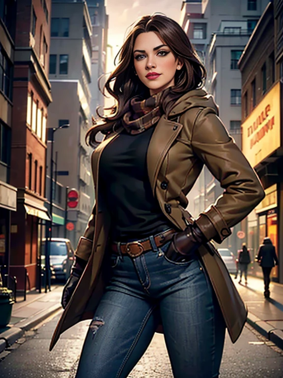 Kat Denningasterpiece:1.0), (Highest_quality:1.2), (Dark Shot:1.3), Classic Rogue, 1991 Rogue X-Men, 1 girl, Only 1, Head to Toe, standing on street corner, Elegant pose, (clothing: Brown winter coat, Brown color hood, Down lining, White scarf, gloves, jeans) Medium length hair, Brown Hair, Wavy Hair, One gray hair, Green Eyes, Mischievous look, Grin, Lips parted,  Red lipstick, Heavy makeup, Confident expression, Backlight, (realism: 1.5), (Realistic: 1.4), (Disorganized:1.4), 8k, Very detailed, Detailed beautiful woman,  (background: Midnight, it&#39;s snowing, On the streets of New York, Snowy Night), Official Art, Very detailed CG Unity 8k wallpaper, Perfect lighting, colorful, 超High resolution, photograph, 8k, High resolution, Kodak Portrait 400, Film Grain, blurry background, (Bokeh:1.2), (Vibrant_color:1.2), Film Grain:1.2, (Warm colors, Warm Tones:1.2), (color photo), Professional Photograph
