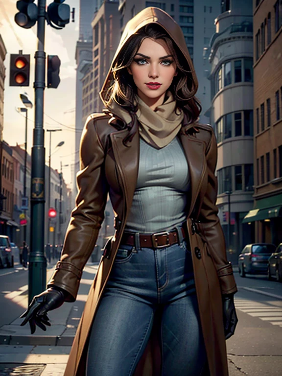 Kat Denningasterpiece:1.0), (Highest_quality:1.2), (Dark Shot:1.3), Classic Rogue, 1991 Rogue X-Men, 1 girl, Only 1, Head to Toe, standing on street corner, Elegant pose, (clothing: Brown winter coat, Brown color hood, Down lining, White scarf, gloves, jeans) Medium length hair, Brown Hair, Wavy Hair, One gray hair, Green Eyes, Mischievous look, Grin, Lips parted, Red lipstick, Heavy makeup, Confident expression, Backlight, (realism: 1.5), (Realistic: 1.4), (Disorganized:1.4), 8k, Very detailed, Detailed beautiful woman, (background: Midnight, it's snowing, On the streets of New York, Snowy Night), Official Art, Very detailed CG Unity 8k wallpaper, Perfect lighting, colorful, 超High resolution, photograph, 8k, High resolution, Kodak Portrait 400, Film Grain, blurry background, (Bokeh:1.2), (Vibrant_color:1.2), Film Grain:1.2, (Warm colors, Warm Tones:1.2), (color photo), Professional Photograph