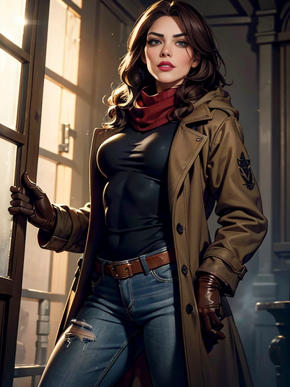 Kat Denningasterpiece:1.0), (Highest_quality:1.2), (Dark Shot:1.3), Classic Rogue, 1991 Rogue X-Men, 1 girl, Only 1, Head to Toe, standing on street corner, Elegant pose, (clothing: Brown winter coat, Brown color hood, Down lining, White scarf, gloves, jeans) Medium length hair, Brown Hair, Wavy Hair, One gray hair, Green Eyes, Mischievous look, Grin, Lips parted, Red lipstick, Heavy makeup, Confident expression, Backlight, (realism: 1.5), (Realistic: 1.4), (Disorganized:1.4), 8k, Very detailed, Detailed beautiful woman, (background: Midnight, it's snowing, On the streets of New York, Snowy Night), Official Art, Very detailed CG Unity 8k wallpaper, Perfect lighting, colorful, 超High resolution, photograph, 8k, High resolution, Kodak Portrait 400, Film Grain, blurry background, (Bokeh:1.2), (Vibrant_color:1.2), Film Grain:1.2, (Warm colors, Warm Tones:1.2), (color photo), Professional Photograph
