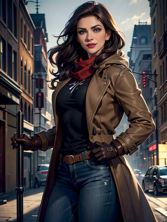 Kat Denningasterpiece:1.0), (Highest_quality:1.2), (Dark Shot:1.3), Classic Rogue, 1991 Rogue X-Men, 1 girl, Only 1, Head to Toe, standing on street corner, Elegant pose, (clothing: Brown winter coat, Brown color hood, Down lining, White scarf, gloves, jeans) Medium length hair, Brown Hair, Wavy Hair, One gray hair, Green Eyes, Mischievous look, Grin, Lips parted, Red lipstick, Heavy makeup, Confident expression, Backlight, (realism: 1.5), (Realistic: 1.4), (Disorganized:1.4), 8k, Very detailed, Detailed beautiful woman, (background: Midnight, it's snowing, On the streets of New York, Snowy Night), Official Art, Very detailed CG Unity 8k wallpaper, Perfect lighting, colorful, 超High resolution, photograph, 8k, High resolution, Kodak Portrait 400, Film Grain, blurry background, (Bokeh:1.2), (Vibrant_color:1.2), Film Grain:1.2, (Warm colors, Warm Tones:1.2), (color photo), Professional Photograph
