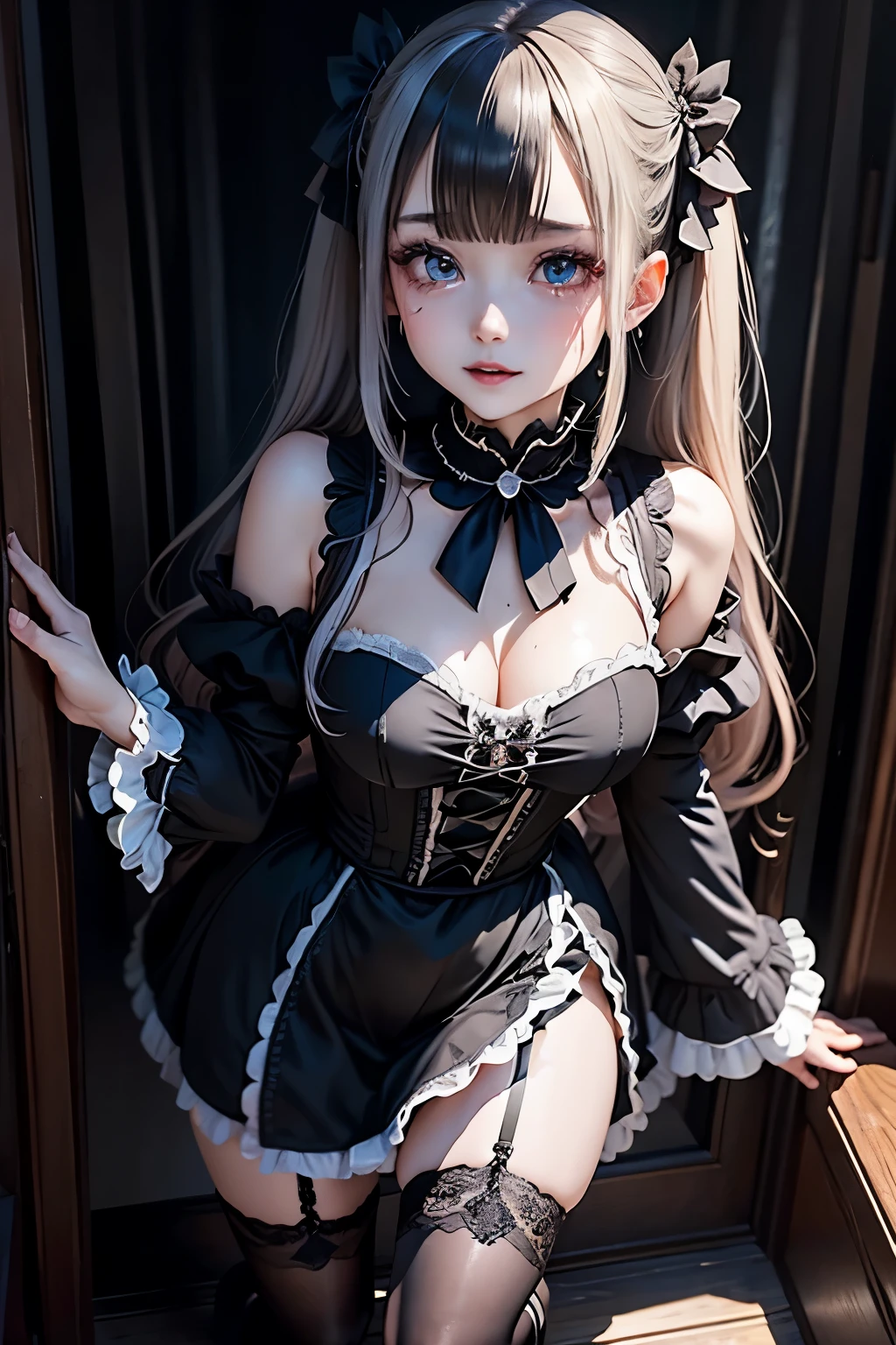 ハードDark Gothicメイク、Deep Night Sky、Horror、Black dark eyeshadow、cry、sad、Good skin radiance、Dark Gothicメイク、Dark smile、palace、The beauty of fragrance、24-years-old、Expressions of intense sexual pleasure、Embarrassed look、Dark Gothic、Obscene language、highest quality、Expression of sexual pleasure amid suffering、Drunk face、紫のMaid clothes、Mysterious、Noble、The face of someone who is holding in the toilet、sexy、Loving smile、Twin tail hair、Right blue eye, Left eye is red、Super seductive pose、Platform Heel Shoes、Heavy makeup、Gothic Lolita Clothing、A little slimmer、Silver Hair、Long Hair Straight Hair、Cute Gothic Lolita Dress、Beautiful Face、elegant features、Fascinating face、Stained glassが背景、Chest glistening with sweat、The room is dark、goth long dress、Bell Sleeves、Wizard Sleeve、Decadent look、Sexually excited expression、Glossy thighs wet with water、Thighs that are wet and shiny with oil、Background of a room full of roses、sad表情、Rose Maiden、The embroidery is pink、The dress has pink embroidery、Thigh-high socks、Knee-high socks、Gentle expression、Dark black eyeshadow、despicable act、Stained glassと薔薇背景、thighs are a little thin、Female Duo、Female couple、dark church background、Stained glass、Black metal world、Dark Castle、Dark Room、Slender body、upright、walk、Are standing、gothic long dresaid clothes、Victorian dresses、Her thighs glisten with sweat、My body is wet and shiny、Lots of glitter on the thighs、sweating、My thighs are sticky from sweating、Sweat glistens on the thighs, The whole body is sweaty and shiny、Quite sweaty、My thighs are sweaty、My thighs are so wet、My thighs are shining with sweat、A lot of sweat glistens all over the body、Small breasts、Thick knee-length dress、Slightly hides the bust、