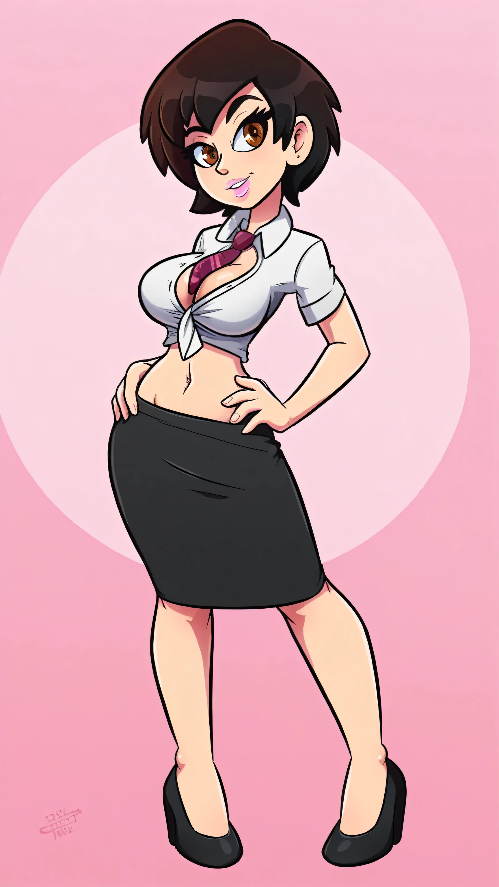 A sexy woman with a big breast, short black hair, squares her brown eye, pink lip, wears a white button-down shirt, ties a knot, shows her navel, and wears a black skirt with black heels.