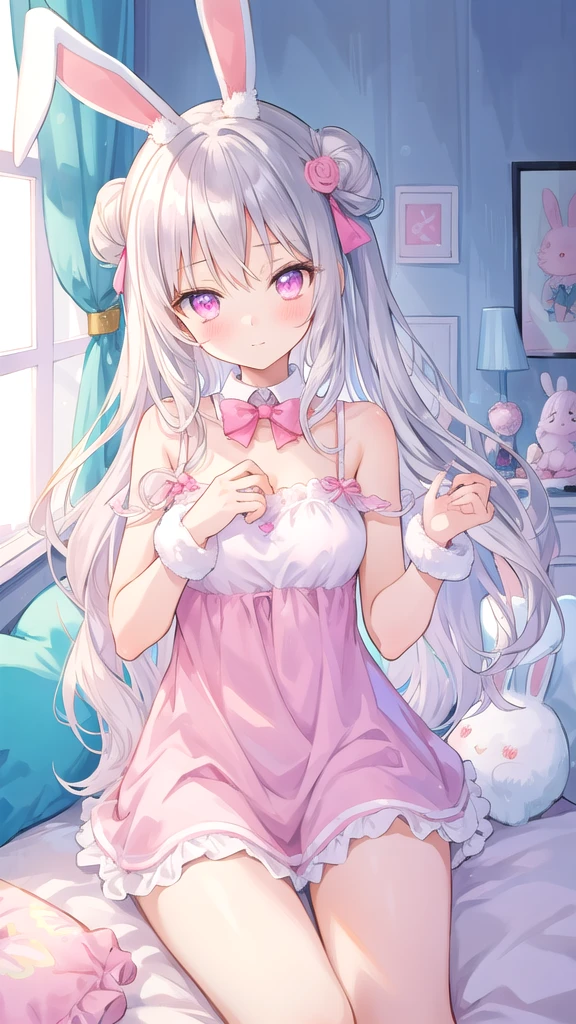 beautiful illustration, best quality, cute girl, bedroom, pastel color, fluffy bunny ears, , silver long hair, rabbit stuffed toy, bright lighting, light pink eyes