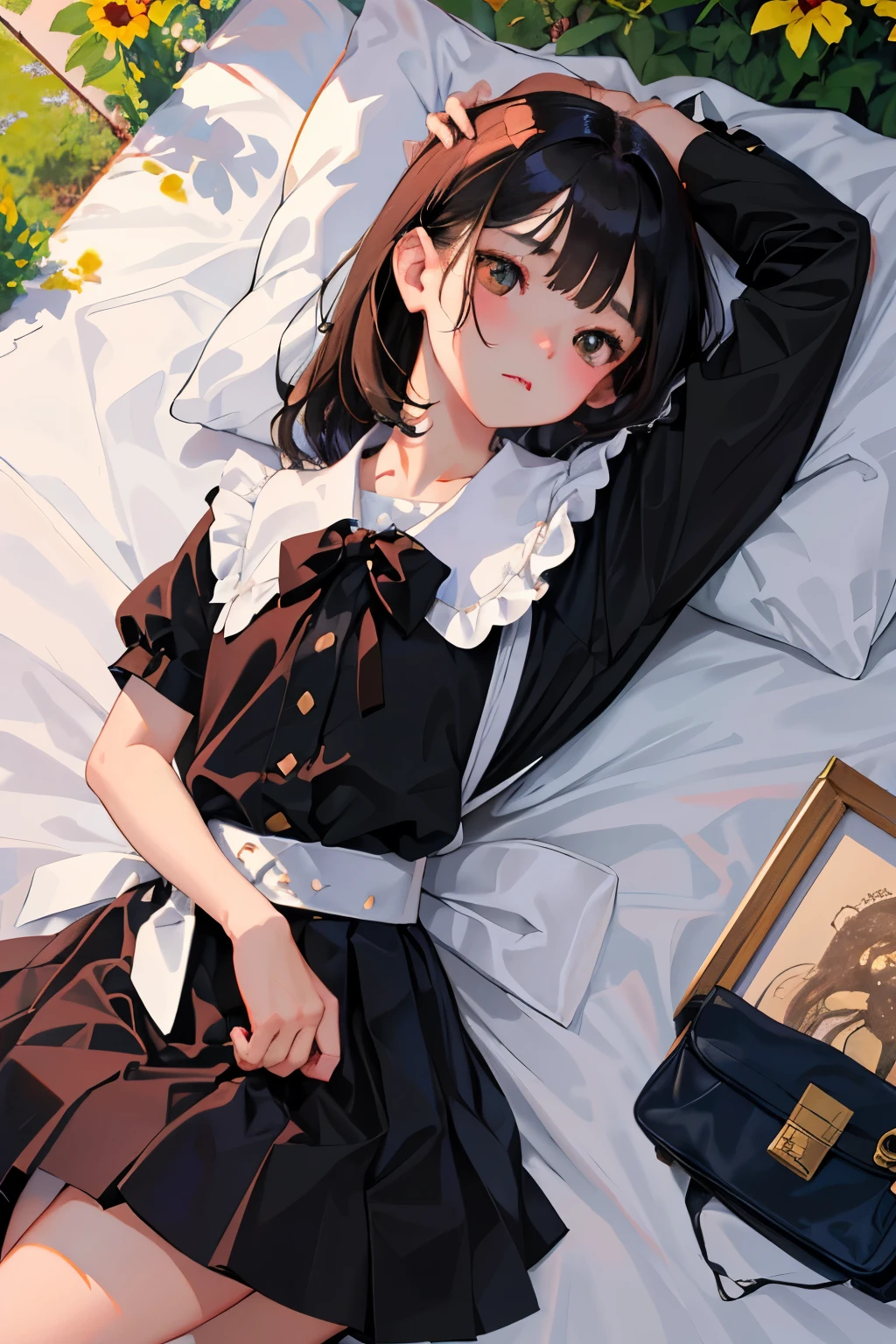 (child),highest quality,Beautiful face in every detail,cute,Dark brown eyes,(背の低いcute女の子,Small young student,Young delicate girl),(masterpiece,Top quality),Black Hair,Sleepy expression,ta Clothing,Short sleeve white shirt,Colorful checked skirt,garden