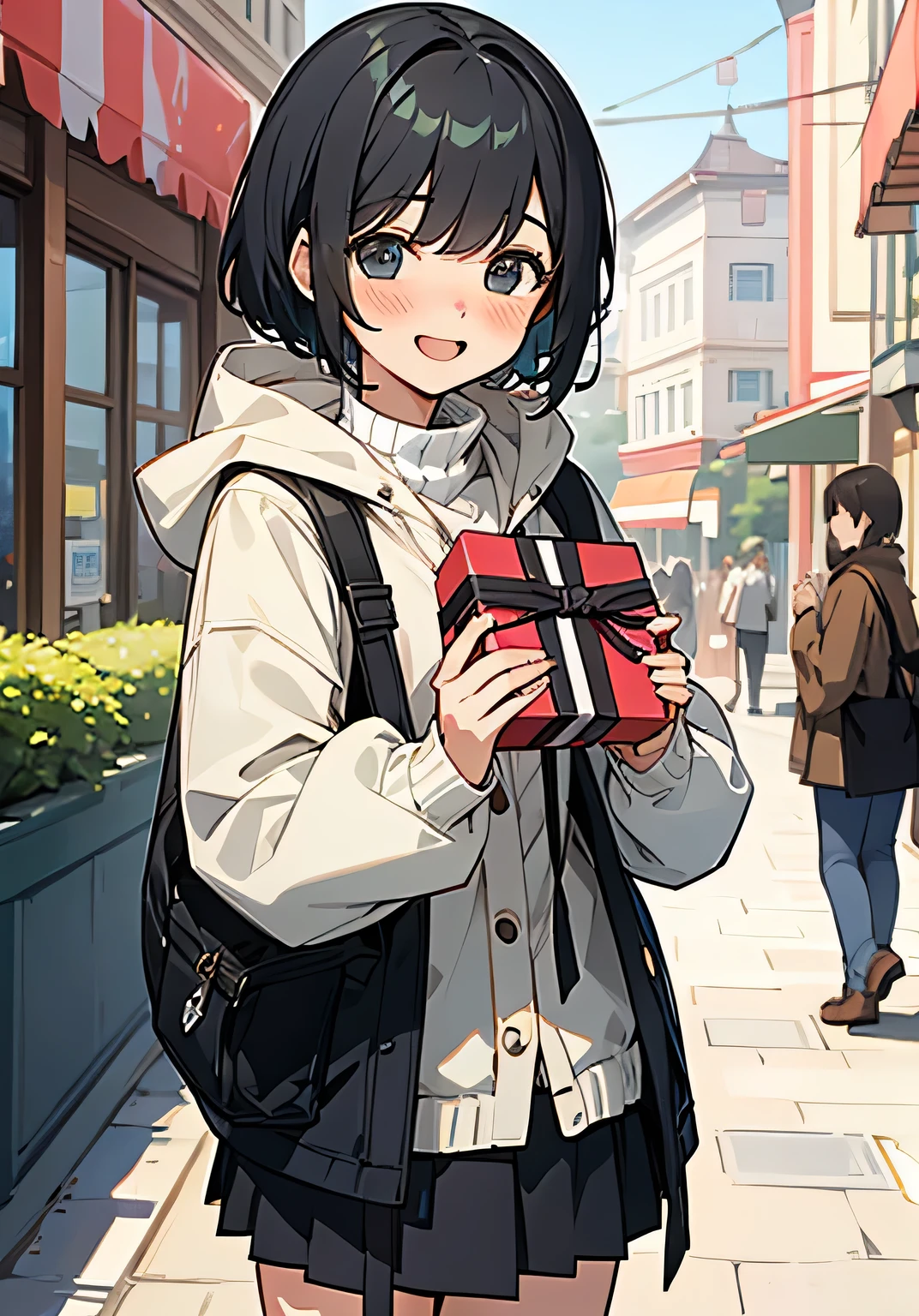 {best quality}、Stylish cafe terrace、smiling at me、Giving gifts、Black short hair、Female college student、Embarrassed、openmouth、smile、parka、short-skirt、cowboy shot