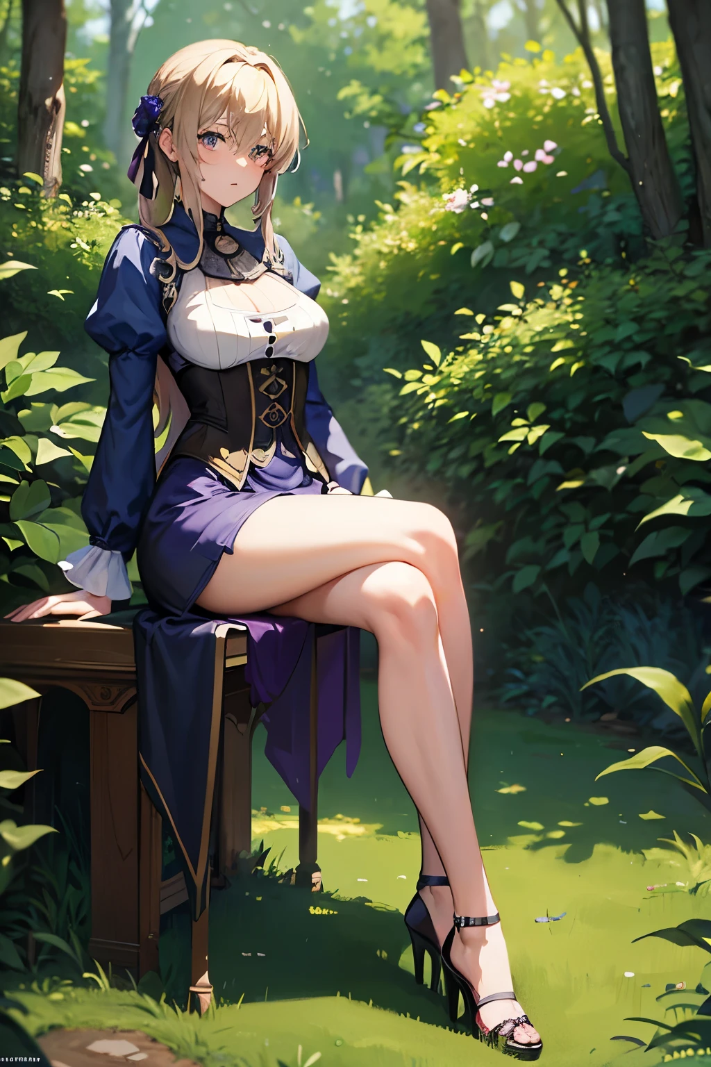 Violet Evergarden, as she's sitting in the forest, with the legs completely enlarged, looking at the camera, Completely Naked, high heels, resolution 2k
