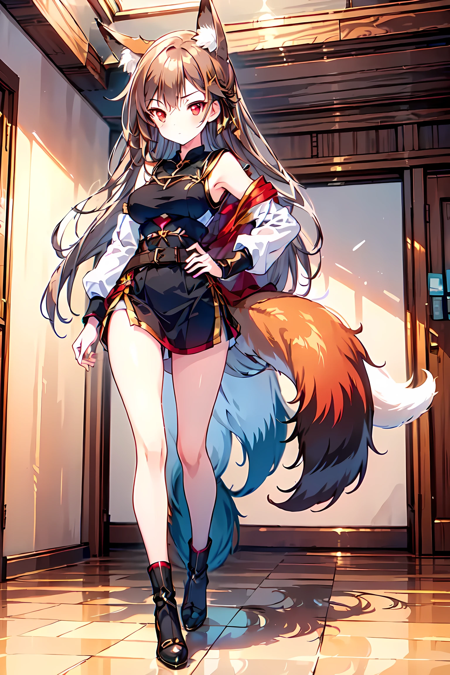 ((red eyes)), (((long brown hair))), ((fox girl)), ((fox ears)), ((black fox tail)), ((1girl)), ((8k resolution)), ((hands hidden)), ((full body)), (((8k))), (((detailed face)))