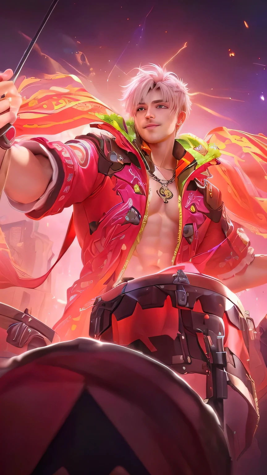 masculine male, masterpiece, ((perfect eyes)) best quality, (semirealism:1.9), beautiful lighting, (extremely detailed CG unity 4k fhd wallpaper), High Detail, Sharp focus, dramatic outdoors, 1 boy , 29 years old, pink white short hair, brown eyes, smile