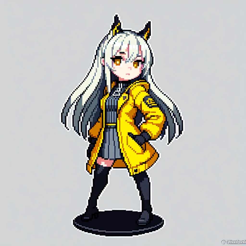 (masterpiece, top quality, best quality), pixel,pixel art,1girl, yellow_eyes, chibi, gloves, solo, photo_background, jacket, long_hair, grey_hair,fullbody